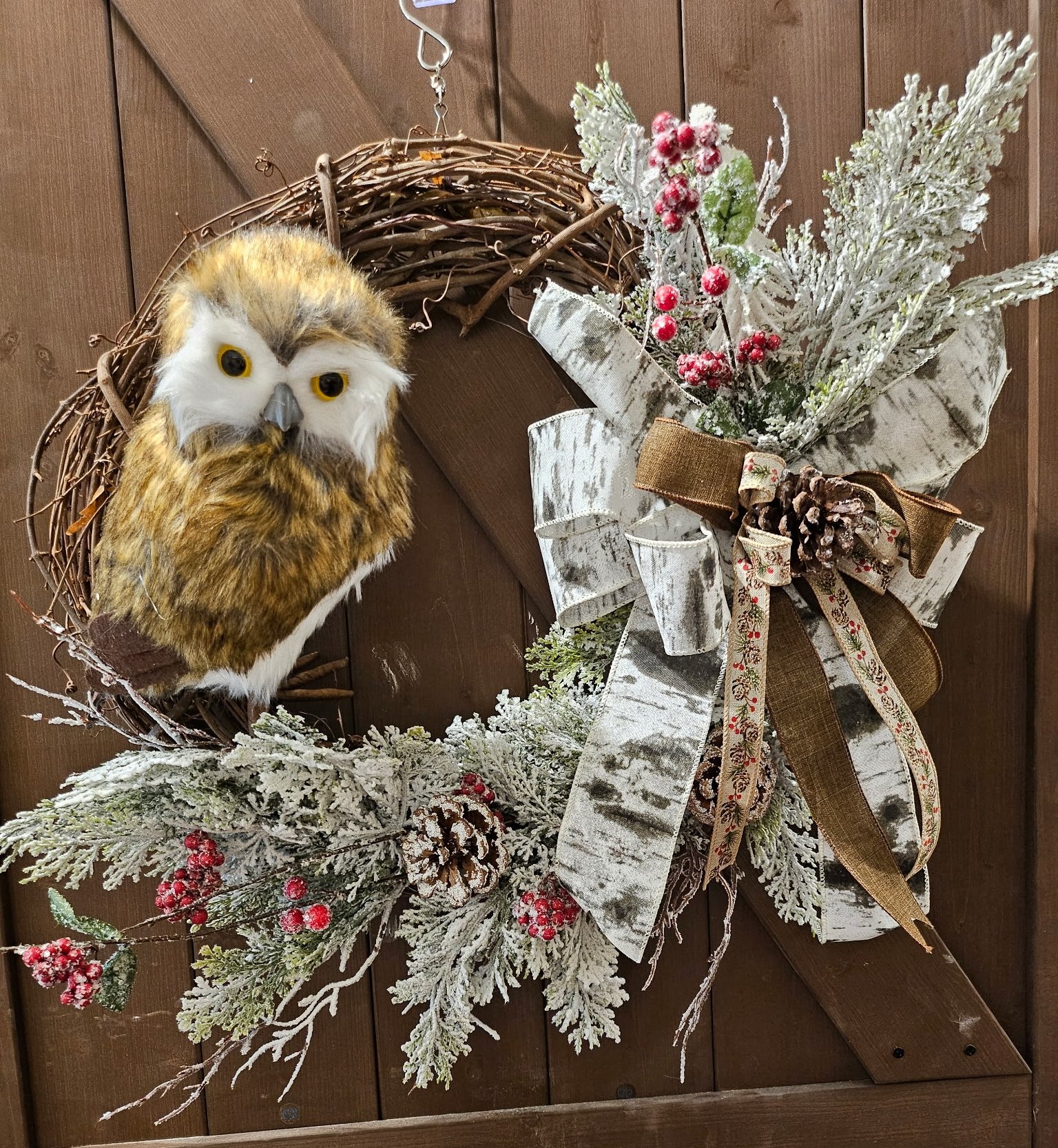 Winter Owl Grapevine Wreath with Flocked Greenery