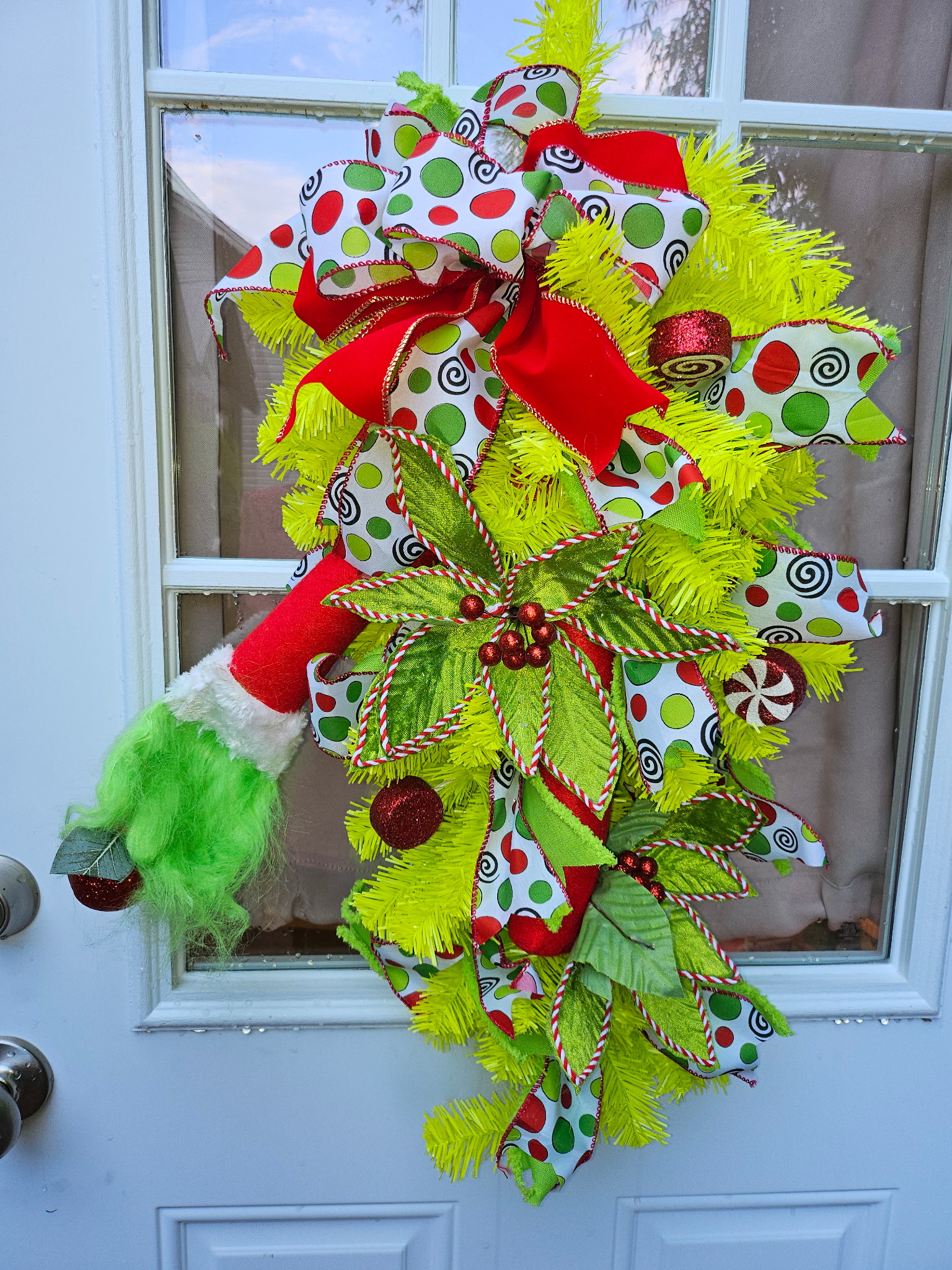 Whimsical Elf Door Swag with Red and Green Polka Dot Ribbon