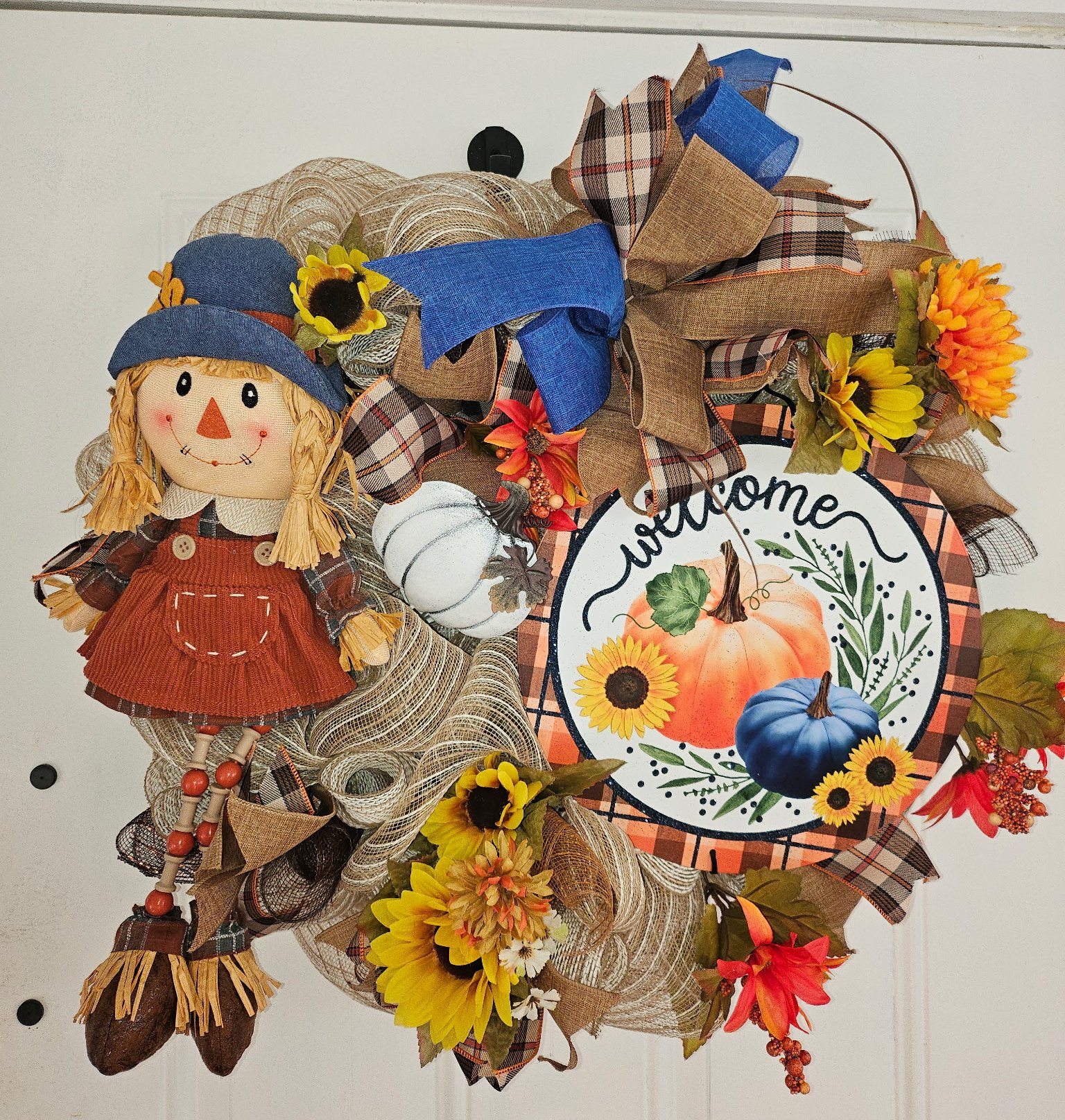 Fall Harvest Wreath with Scarecrow and Pumpkin Sign