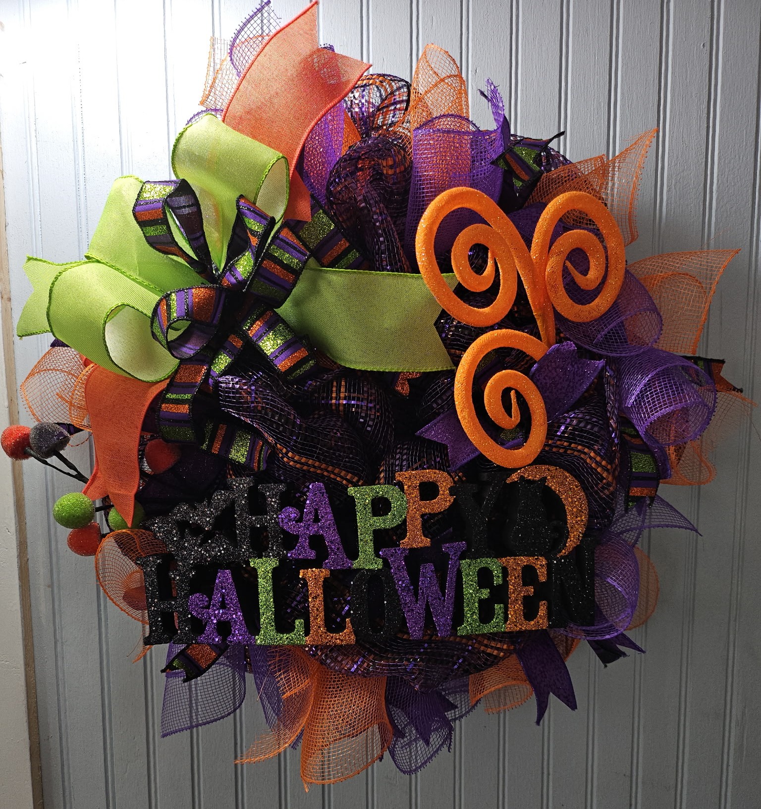 Happy Halloween Mesh Wreath – Purple, Orange & Lime Green Front Door Decor