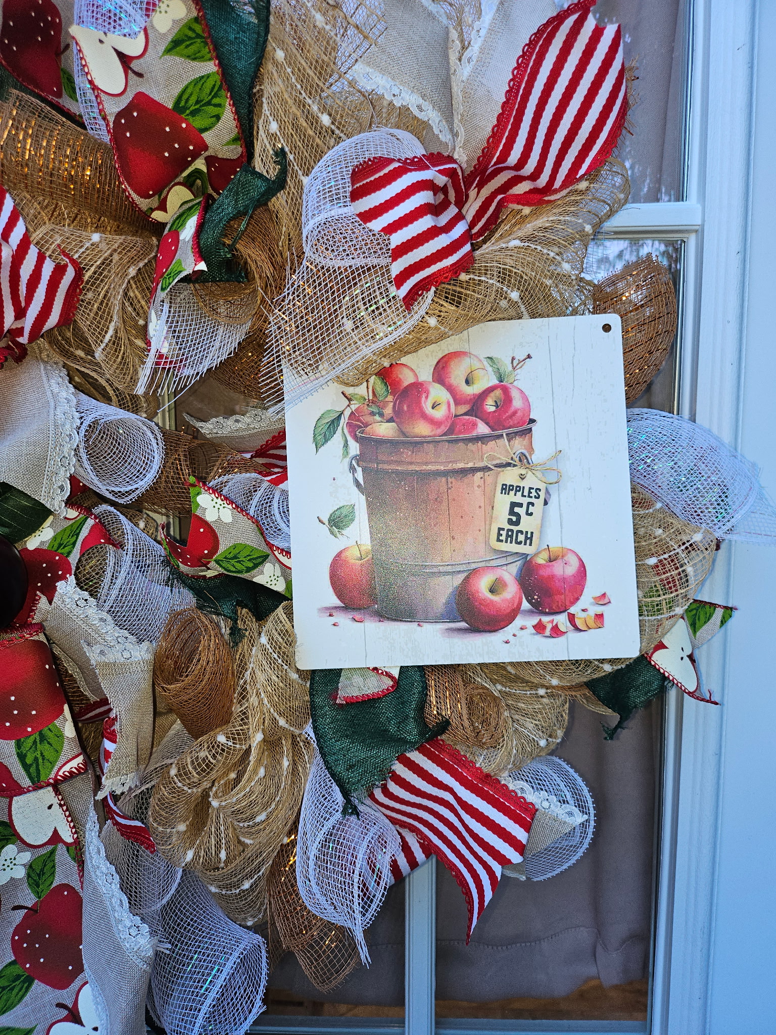 Apple Themed Deco Mesh Wreath with Red and White Ribbons image 3