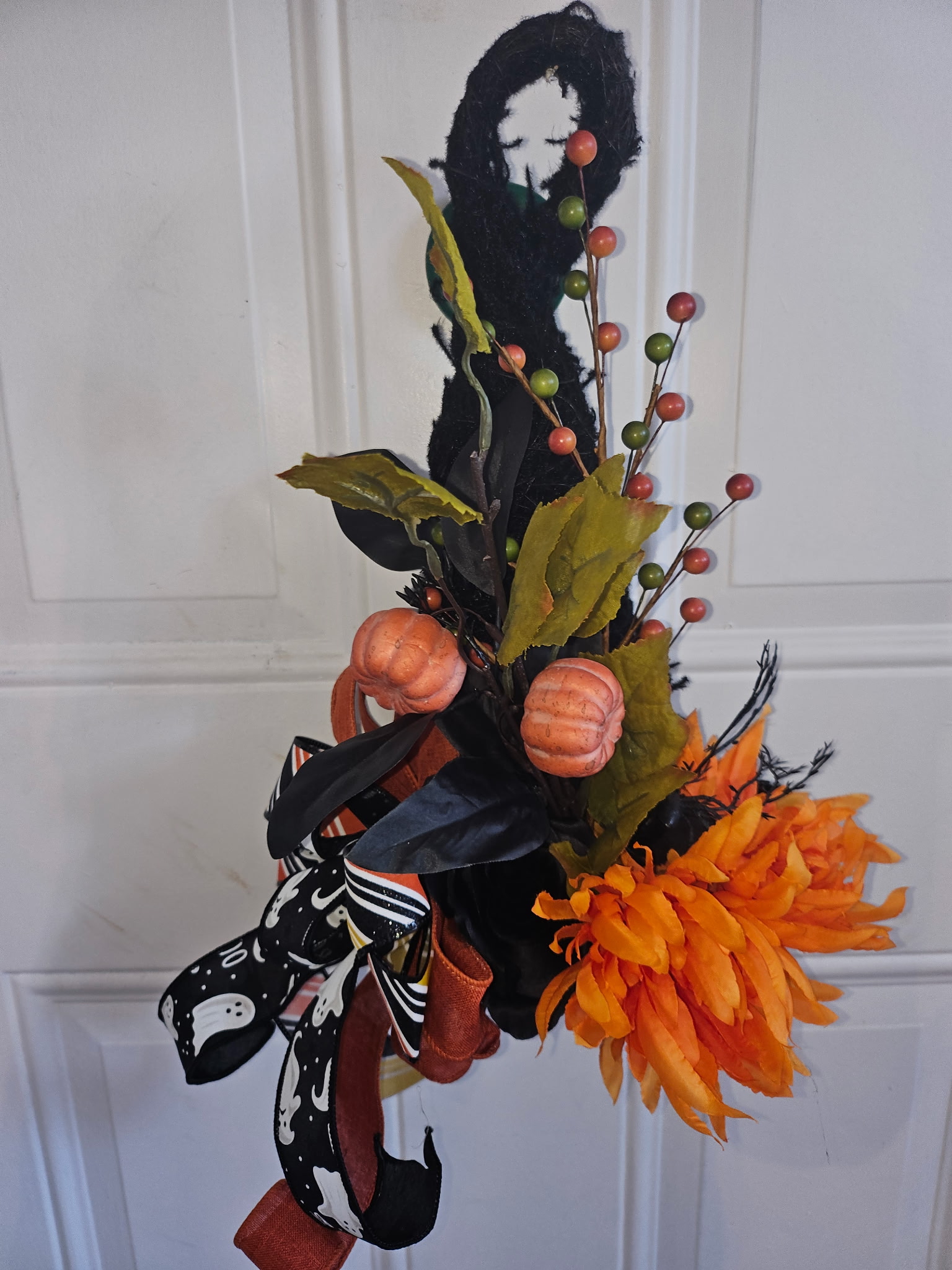Witches Hat Door Hanger with Mini Pumpkins, Orange Flower and Autumn Foliage