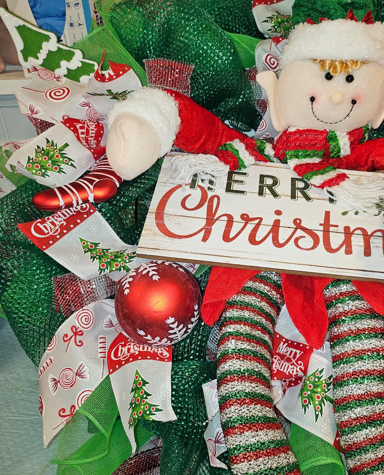 Elf Character Christmas Wreath with Merry Christmas Sign image 3
