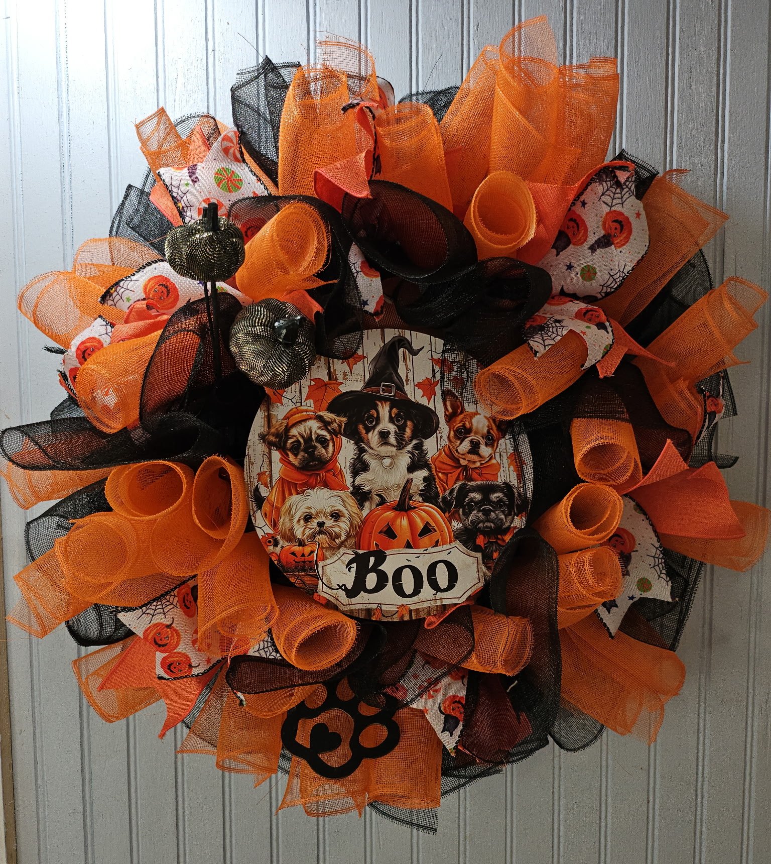 Halloween Dog Wreath with Puppy Characters and Orange Mesh
