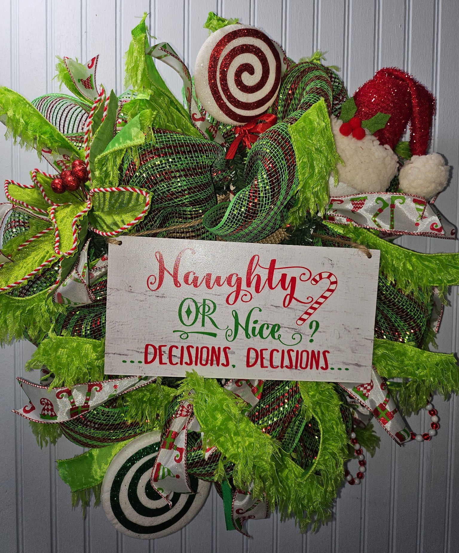 Naughty or Nice Christmas Mesh Wreath with Elf Hat and Peppermint Accents