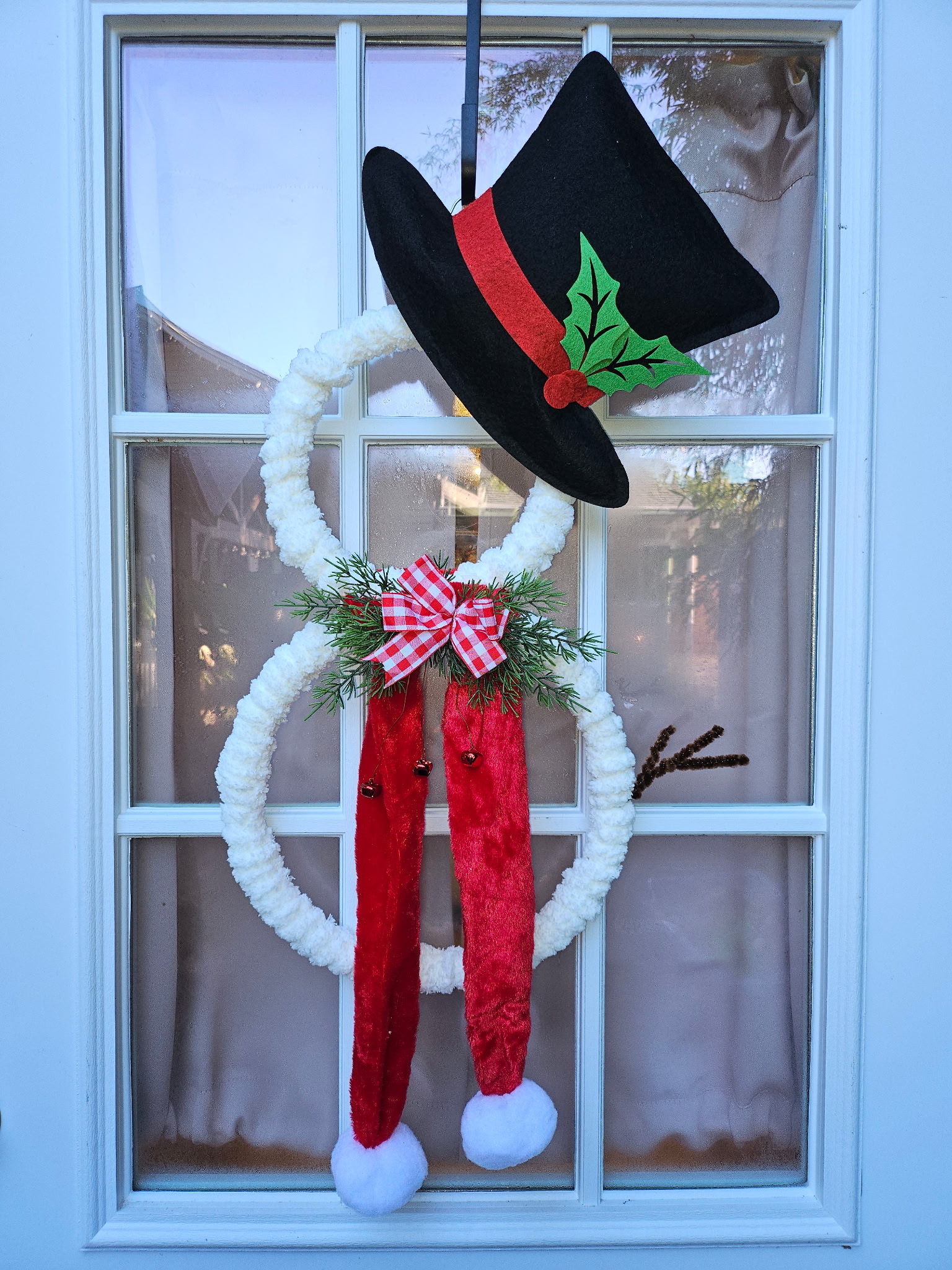 Christmas Snowman Door Hanger with Black Top Hat & Red Scarf