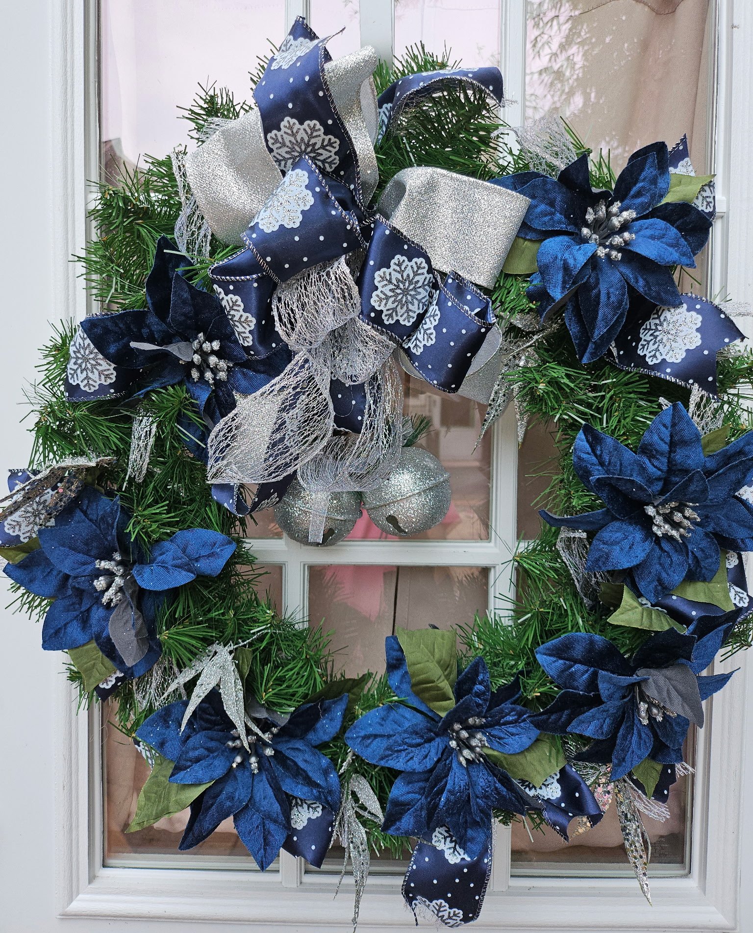 Silver & Blue Poinsettia Christmas Wreath