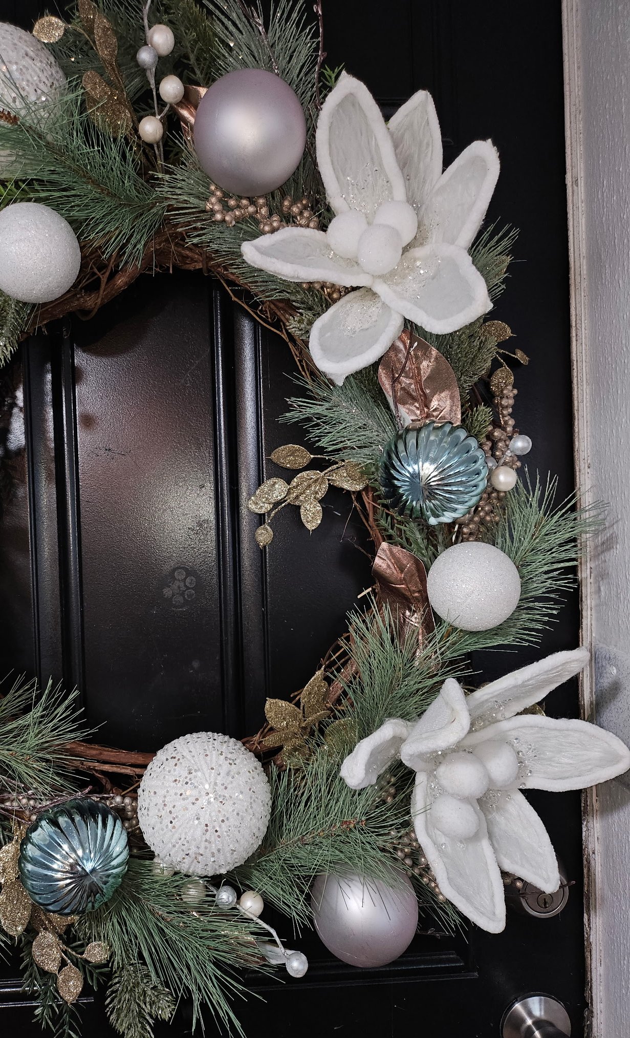 Winter Magnolia and Ornament Wreath in White and Silver image 3