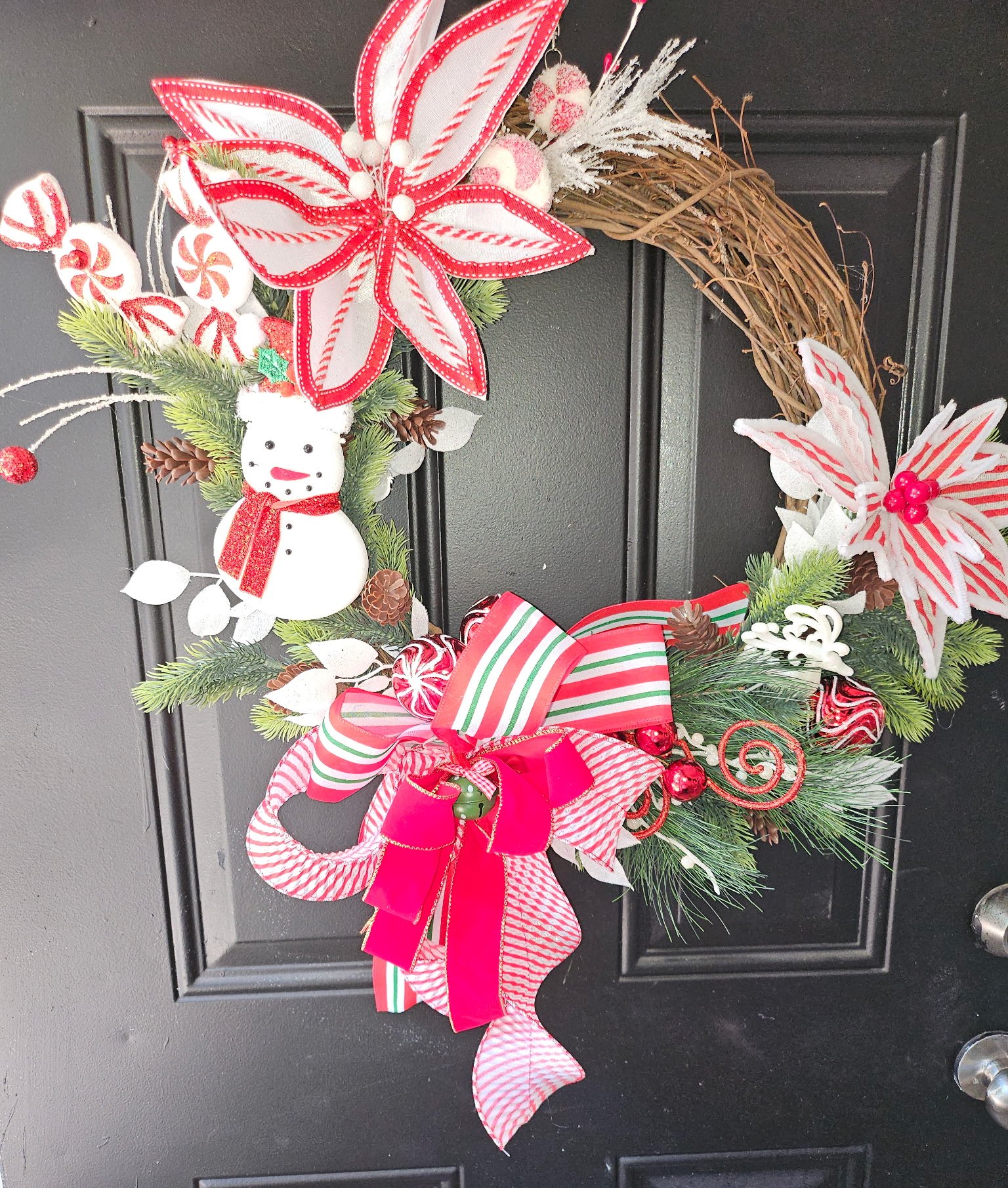 Peppermint Snowman Christmas Grapevine Wreath