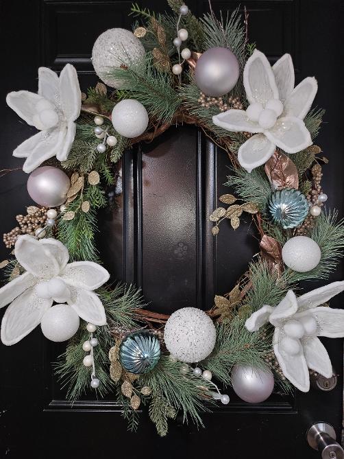 Winter Magnolia and Ornament Wreath in White and Silver