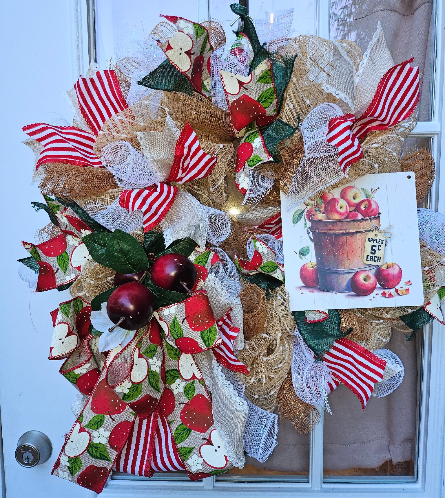 Apple Themed Deco Mesh Wreath with Red and White Ribbons