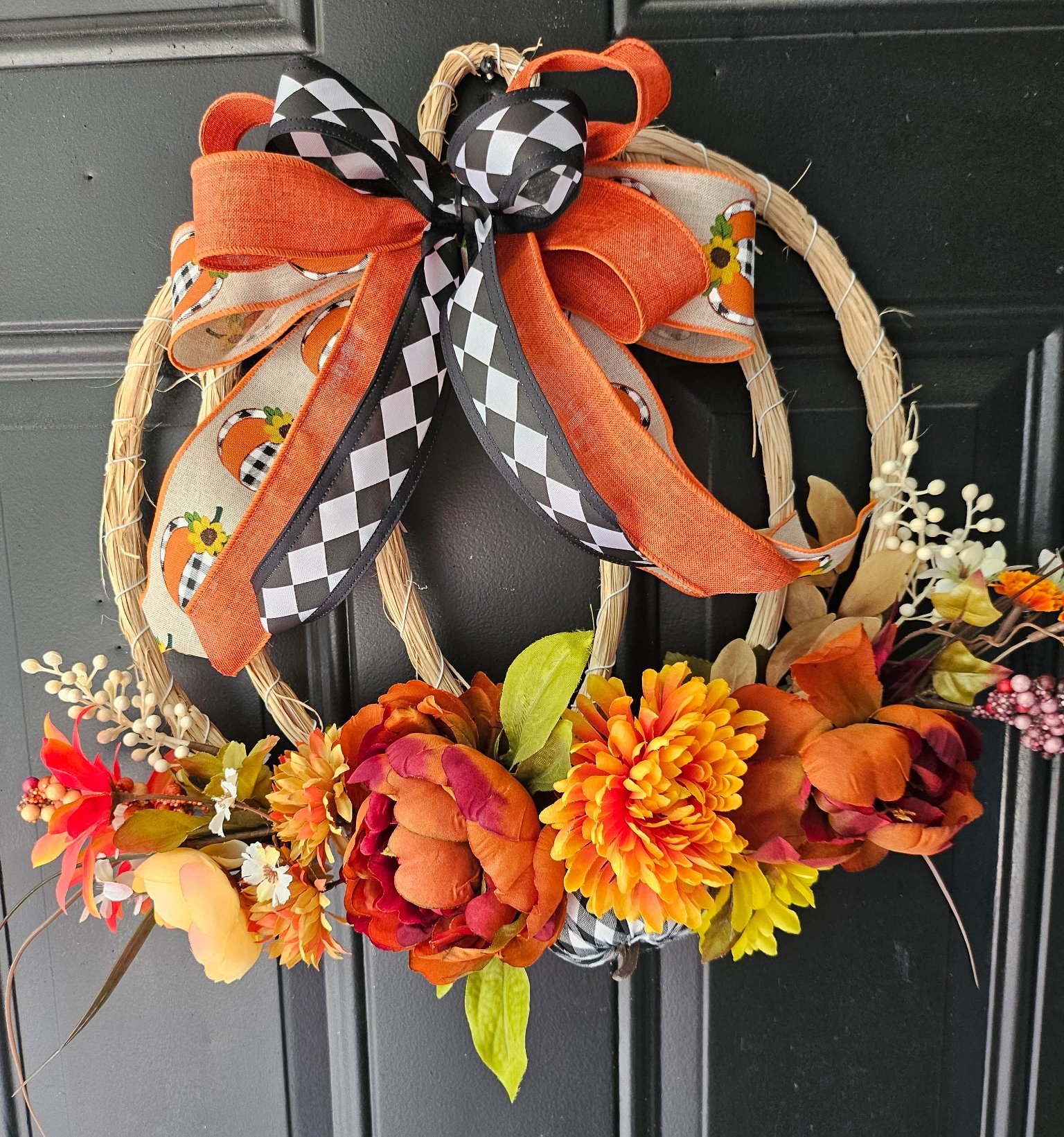 Pair of Fall Grapevine Door Hangers with Pumpkins, Sunflowers & Orange Florals