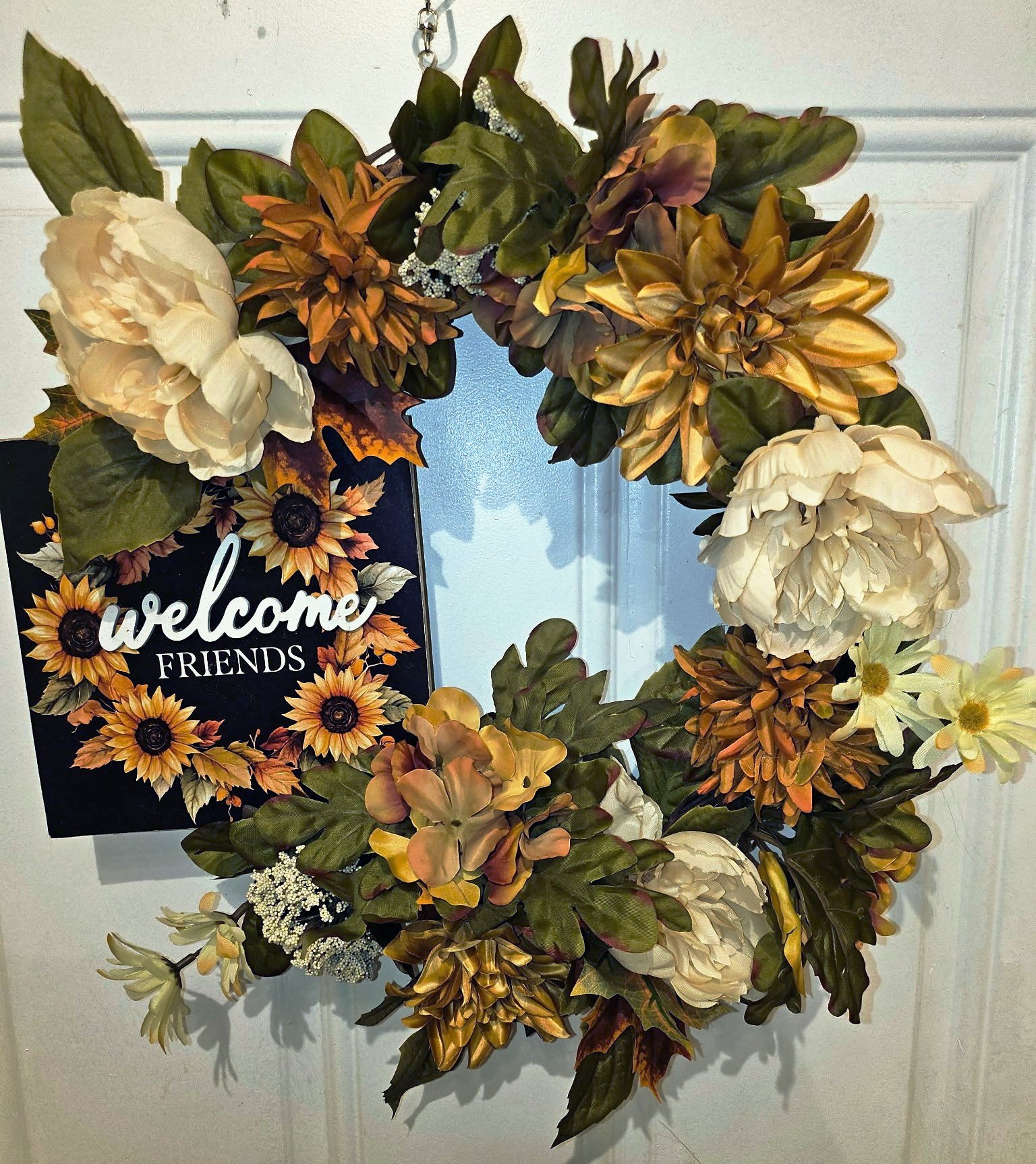 Autumn Floral Wreath with Welcome Friends Sign and Sunflowers