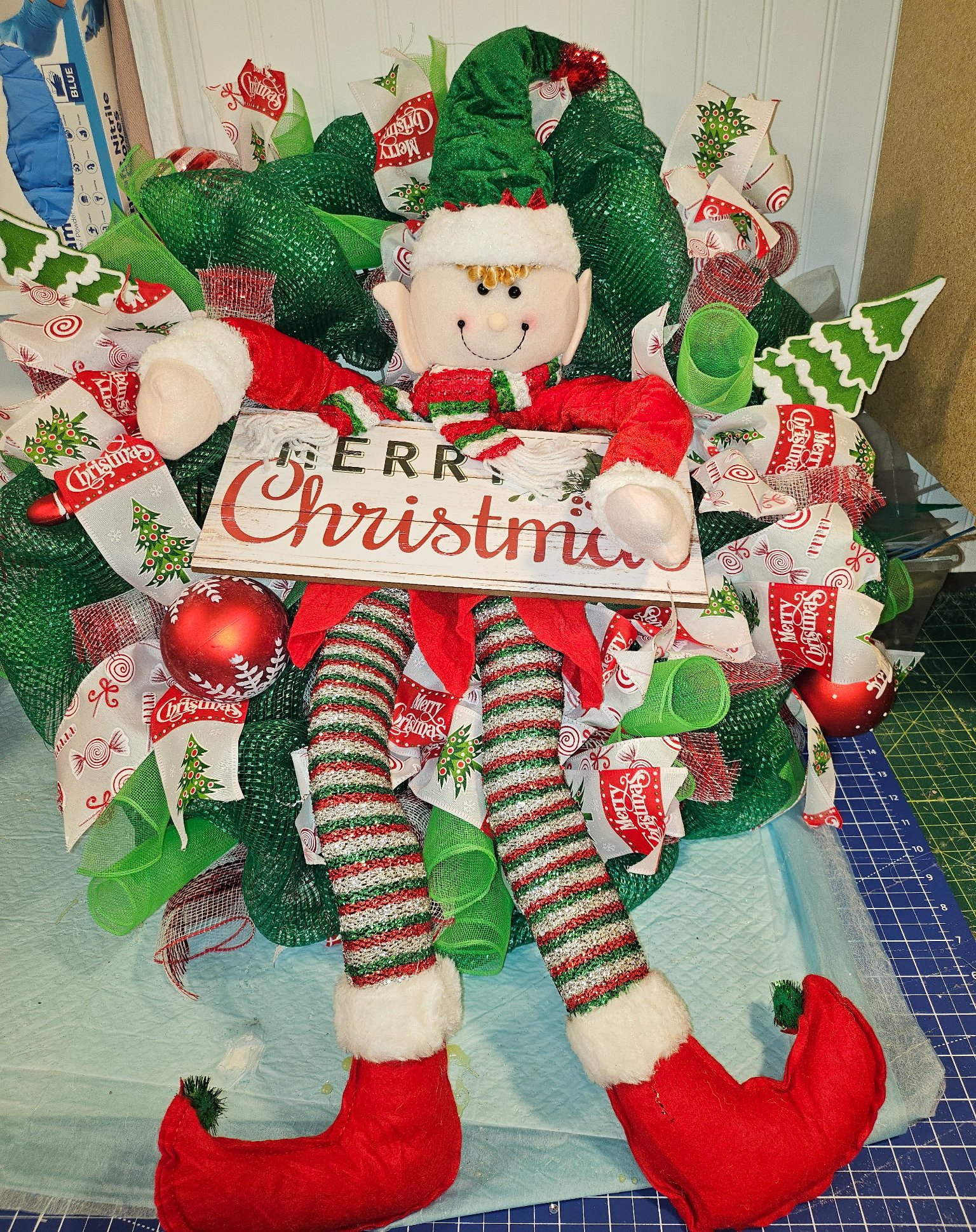 Elf Character Christmas Wreath with Merry Christmas Sign