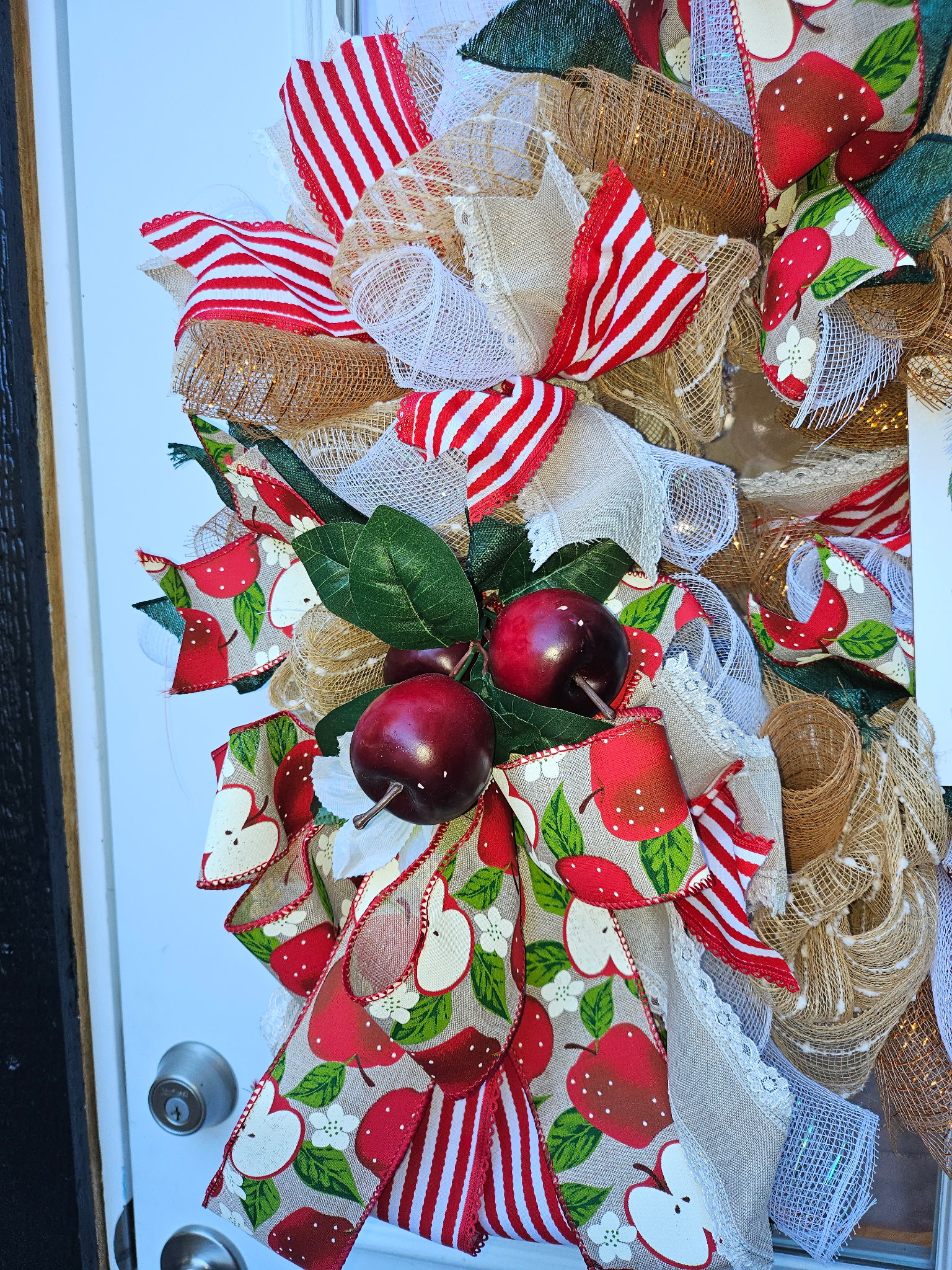 Apple Themed Deco Mesh Wreath with Red and White Ribbons image 2