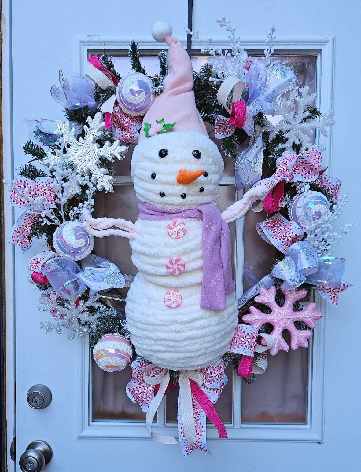 Pastel Snowman Christmas Wreath with Snowflakes, Peppermint Ribbon and Glittery Winter Accents