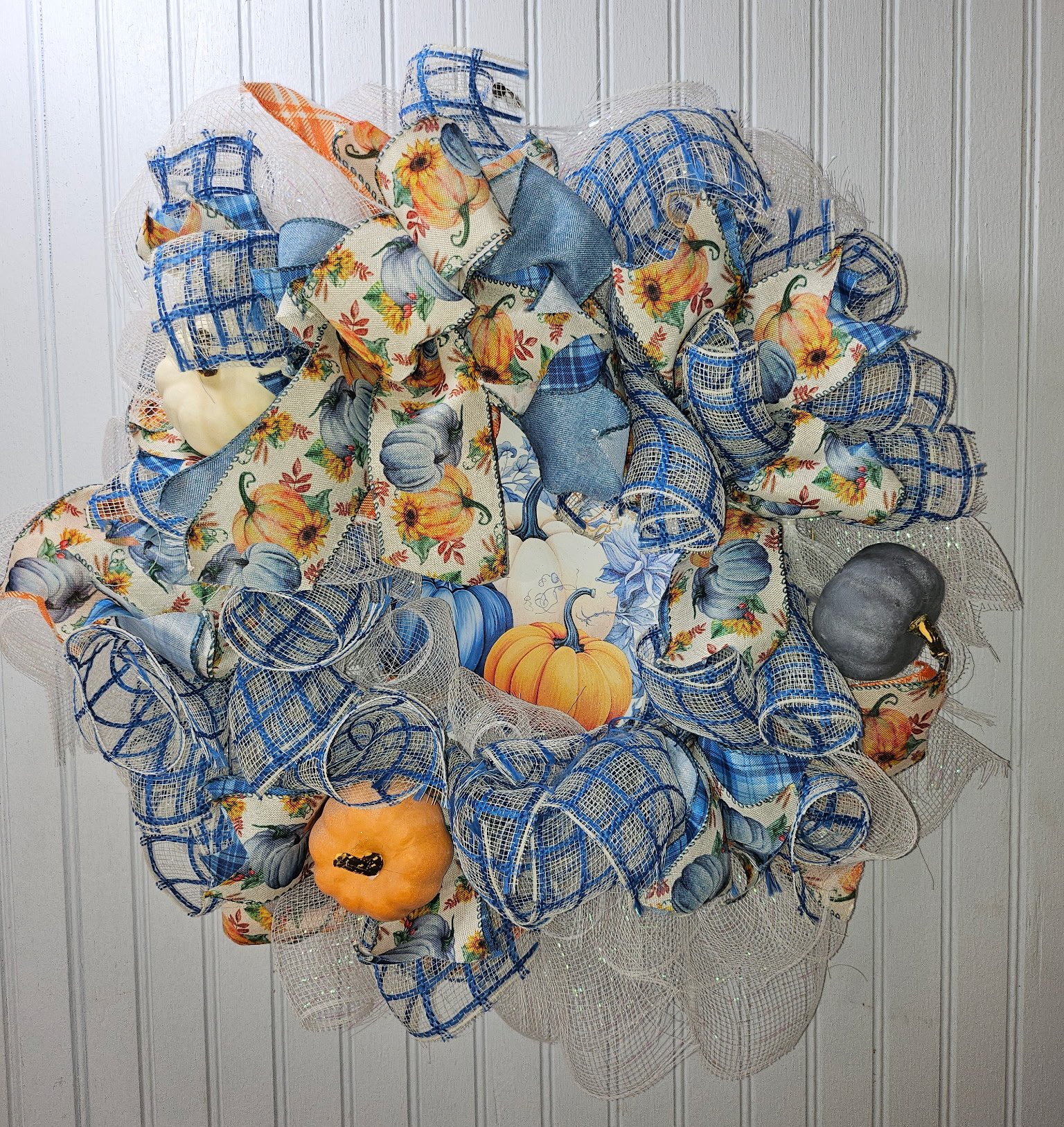 Pumpkin and Blue Plaid Fabric Wreath for Fall Decor