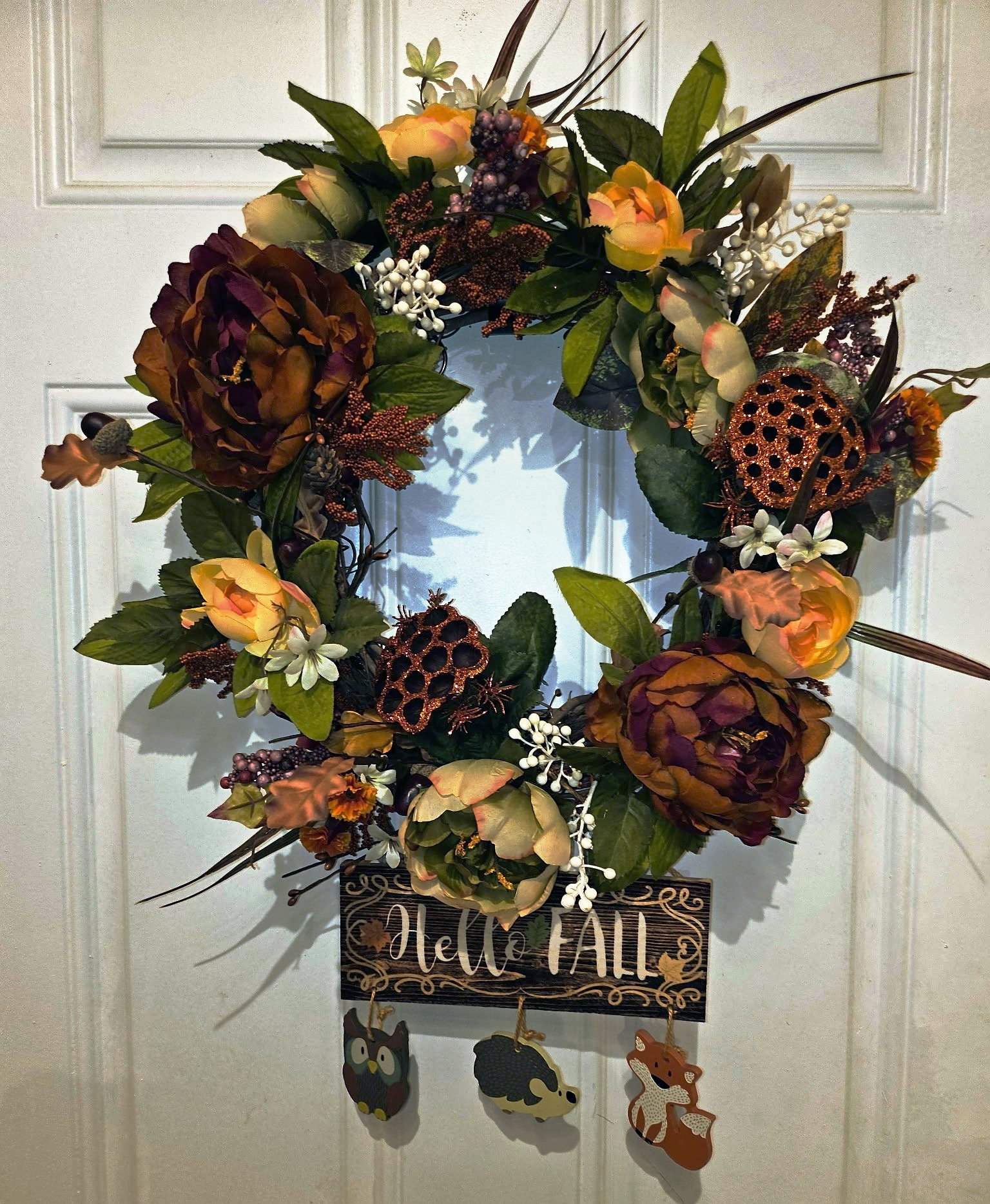 Fall Floral Wreath with Autumn Flowers, Dried Seed Pods, and Hello Fall Sign